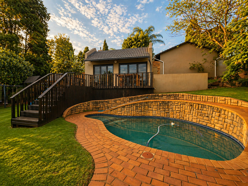A well-maintained outdoor pool area featuring a stone retaining wall, brick paving, and a raised timber deck with stairs leading to the main structure.