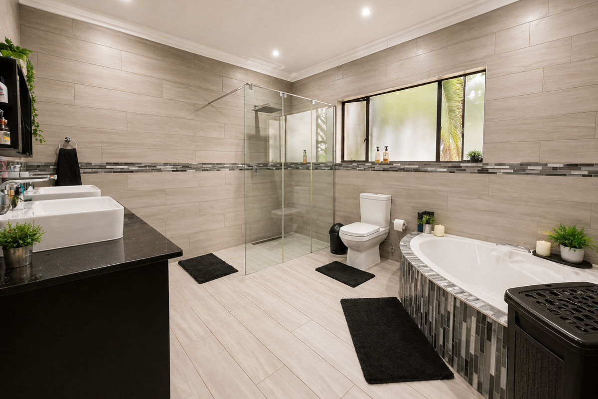 Modern bathroom featuring a double vanity, glass-enclosed walk-in shower, and a tiled built-in bathtub with contemporary finishes and recessed lighting.