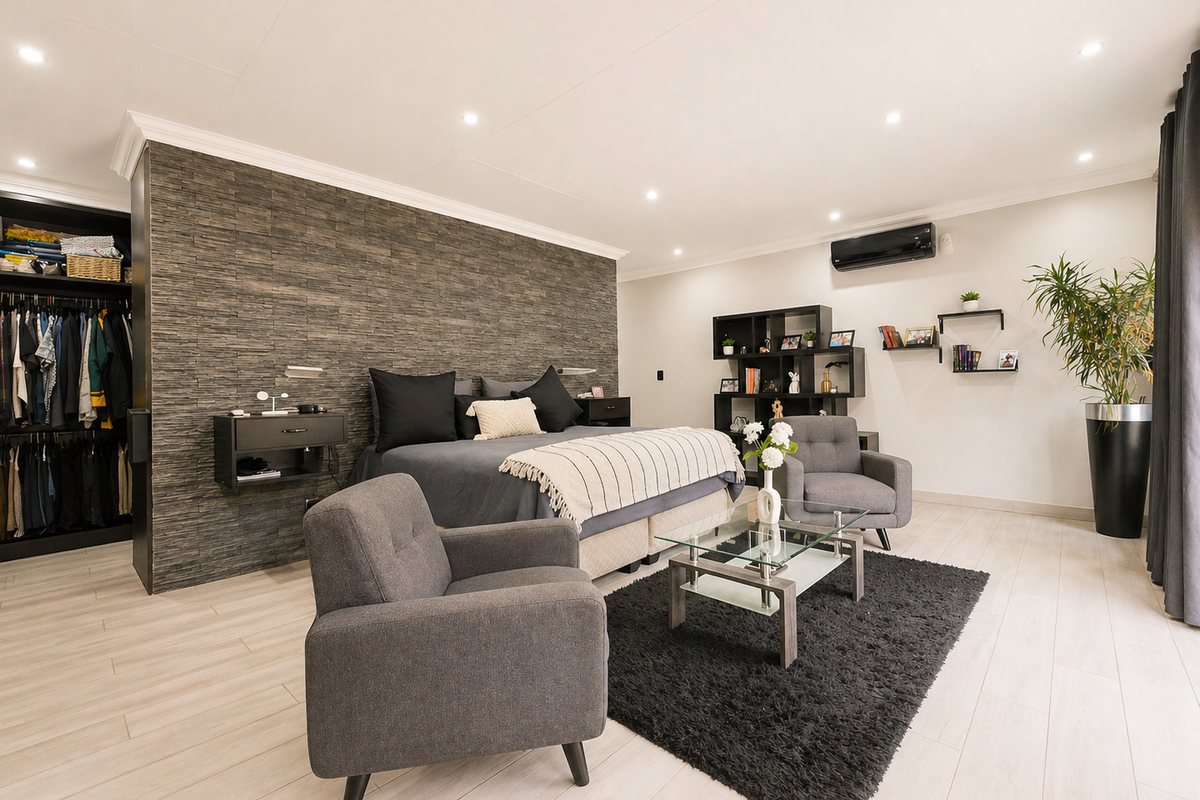 Spacious master bedroom featuring a modern stone accent wall, built-in wardrobe, tiled flooring, and integrated air conditioning.