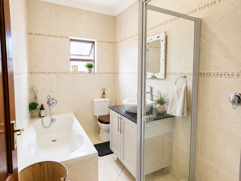 A well-maintained bathroom featuring a built-in bathtub, separate shower enclosure, vanity with vessel sink, and neutral floor-to-ceiling tiling.