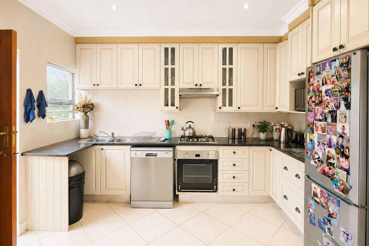 A functional kitchen featuring cream-colored cabinetry, dark countertops, a gas cooktop, built-in oven, and tiled flooring with a neutral backsplash.