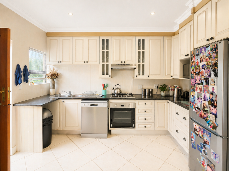 A functional kitchen featuring cream-colored cabinetry, dark countertops, a gas cooktop, built-in oven, and tiled flooring with a neutral backsplash.