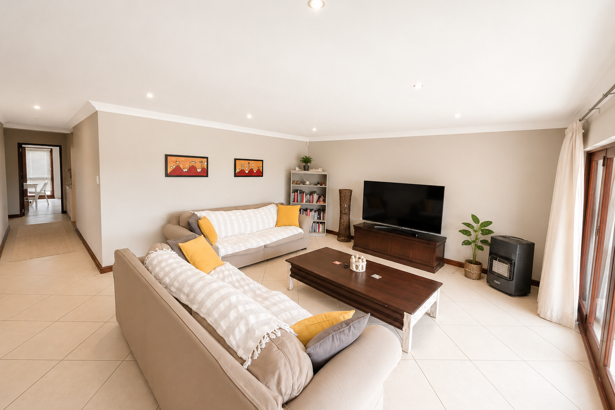 Spacious living room featuring neutral tiled flooring, recessed downlighting, and large sliding glass doors providing access to the outdoor area.