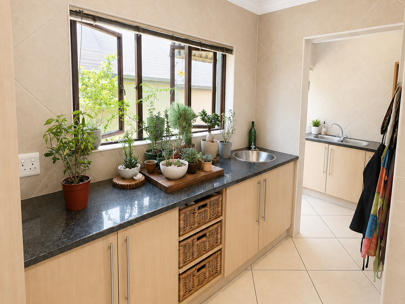 A well-maintained scullery featuring granite countertops, light wood cabinetry, tiled flooring, and a secondary sink area with a window view.