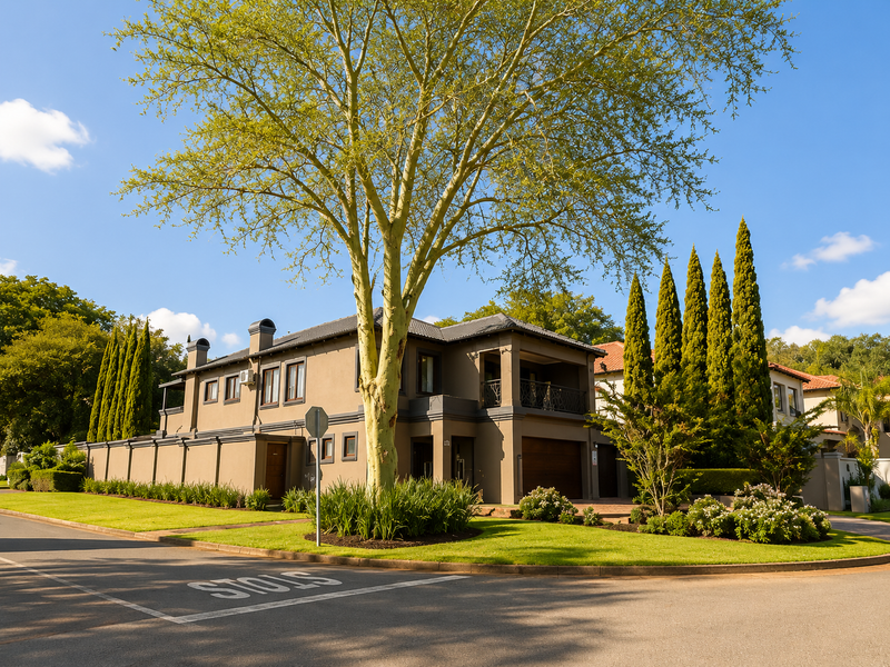 A well-maintained double-story house featuring a modern exterior, tiled roof, balcony, and a secure garage, set within a landscaped garden.