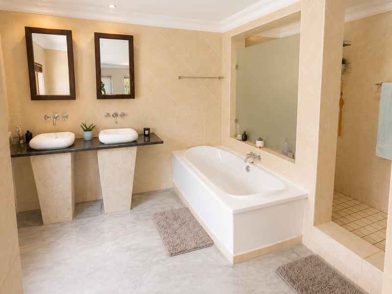 Spacious modern bathroom featuring a double vanity with vessel sinks, a built-in bathtub, and a separate walk-in shower with a frosted glass partition.
