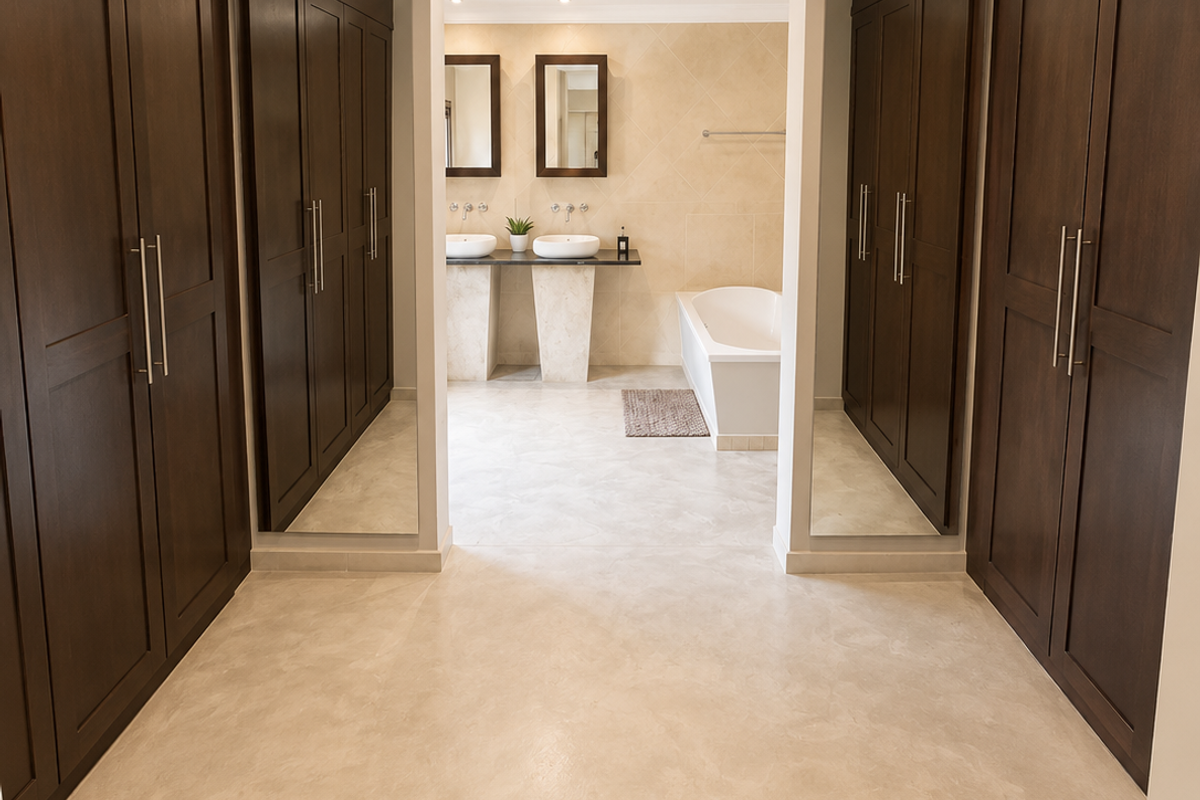 Spacious primary bathroom featuring extensive built-in dark wood cabinetry, a double vanity, and a sleek freestanding bathtub with neutral tiled finishes.