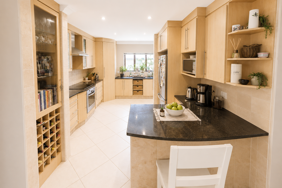 A well-appointed kitchen featuring light wood cabinetry, dark granite countertops, integrated appliances, a built-in wine rack, and neutral tiled flooring.