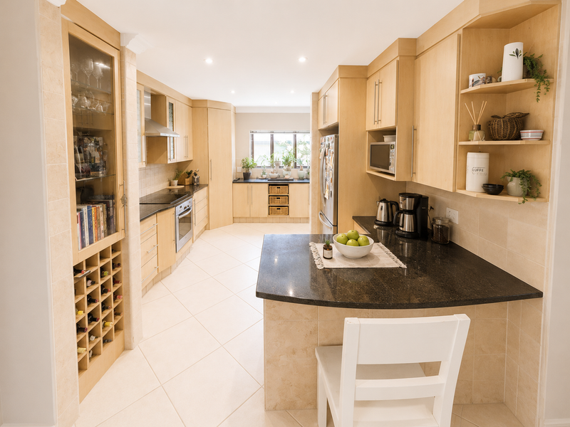 A well-appointed kitchen featuring light wood cabinetry, dark granite countertops, integrated appliances, a built-in wine rack, and neutral tiled flooring.