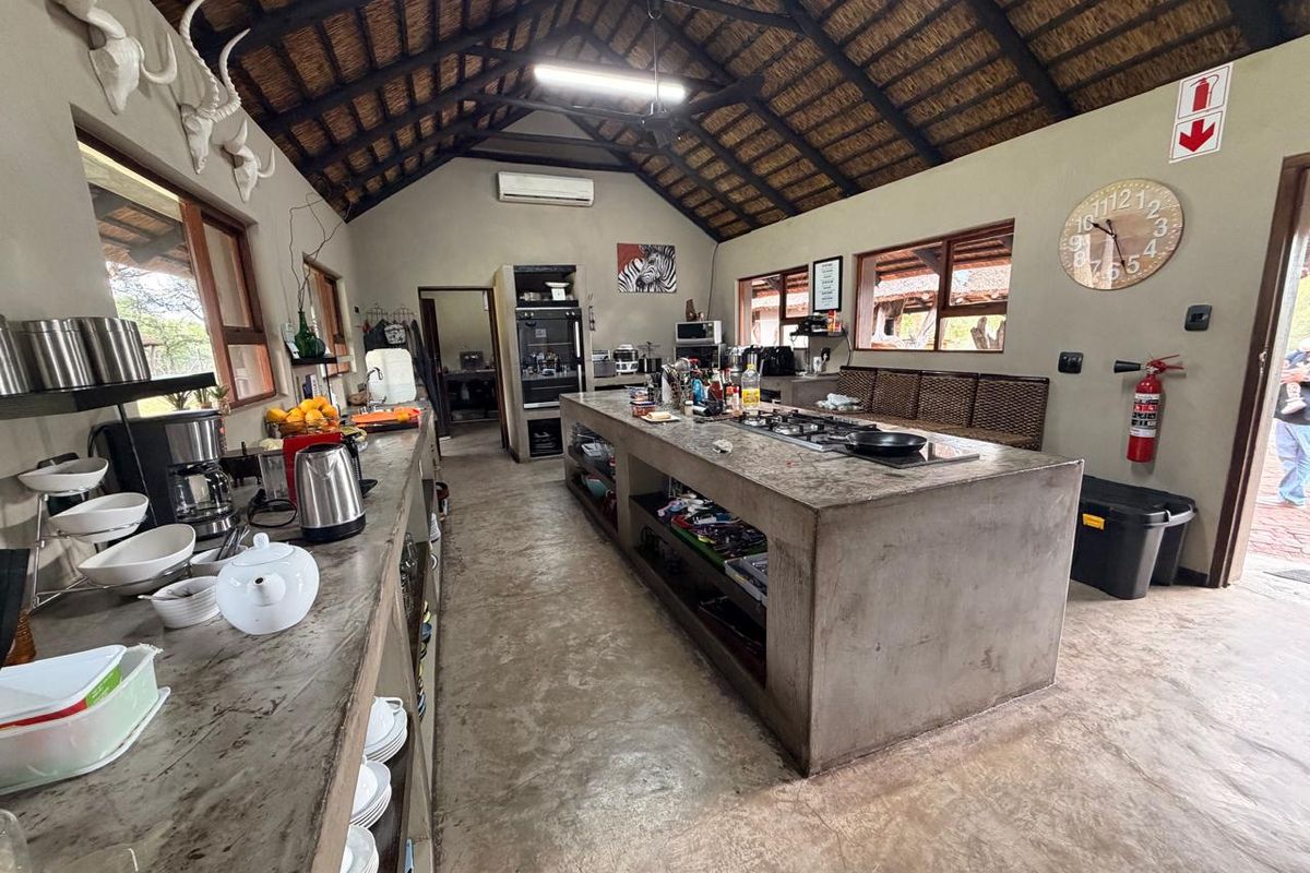 Spacious rustic kitchen featuring a large concrete island with integrated gas hob, exposed thatched roof, and timber trusses in a farm-style setting.
