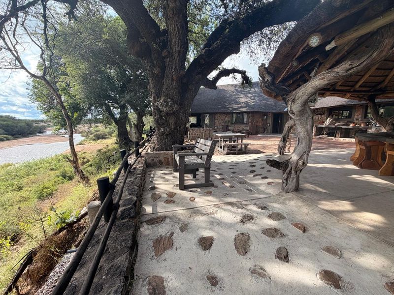 A rustic outdoor patio area featuring a thatched roof, stone masonry, and scenic river views, perfect for relaxing in a natural farm setting.
