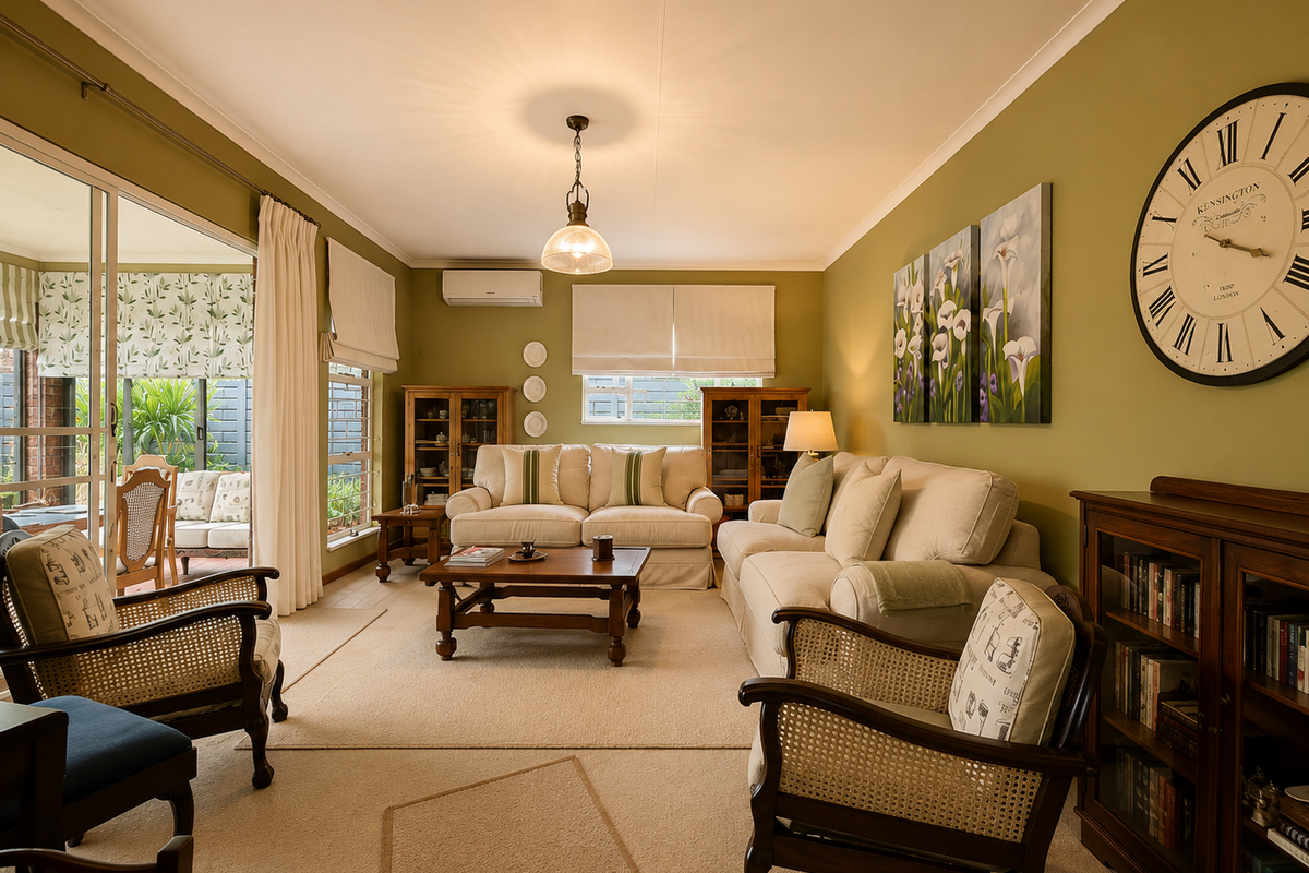A well-maintained living room featuring neutral carpeting, olive-toned walls, and large sliding glass doors that provide seamless access to the outdoor patio area.