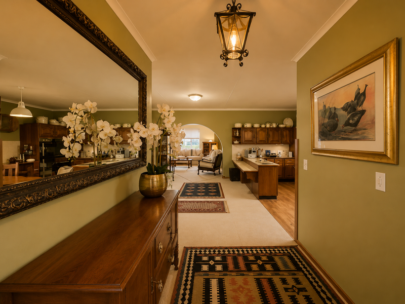An open-plan living and kitchen area featuring an arched transition, traditional wooden cabinetry, and warm olive-toned walls, creating a connected and functional living space.