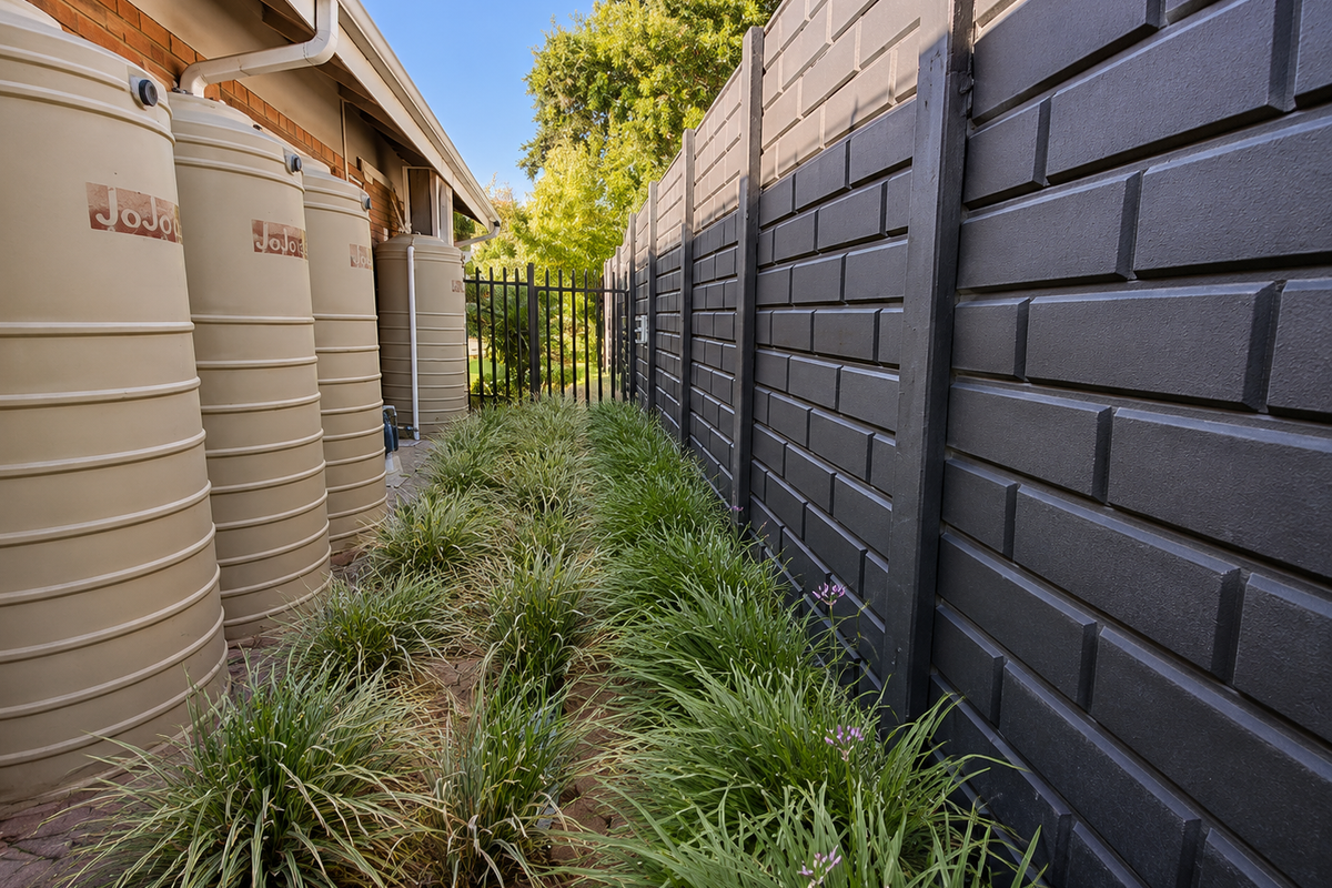 Side garden area featuring multiple water storage tanks, a modern dark-painted boundary wall, and established landscaping along a paved path.