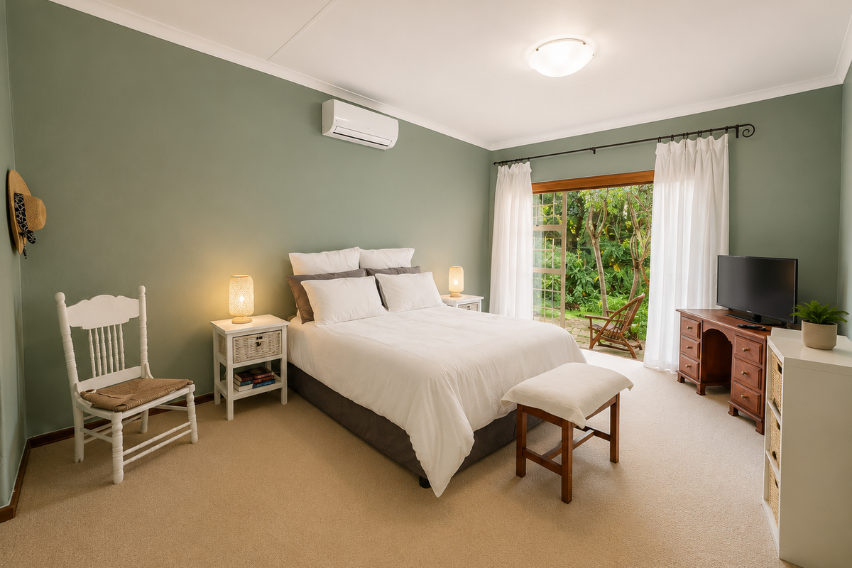 A well-maintained bedroom featuring neutral carpet, sage green walls, a split-system air conditioner, and sliding glass doors providing direct access to the garden.