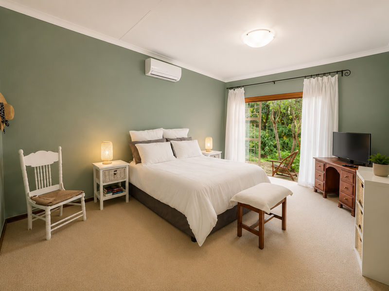 A well-maintained bedroom featuring neutral carpet, sage green walls, a split-system air conditioner, and sliding glass doors providing direct access to the garden.