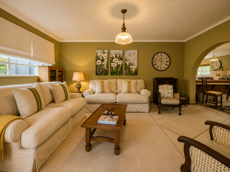 A comfortable living room featuring an arched entryway, neutral carpeting, and soft ambient lighting, creating a warm and inviting atmosphere.