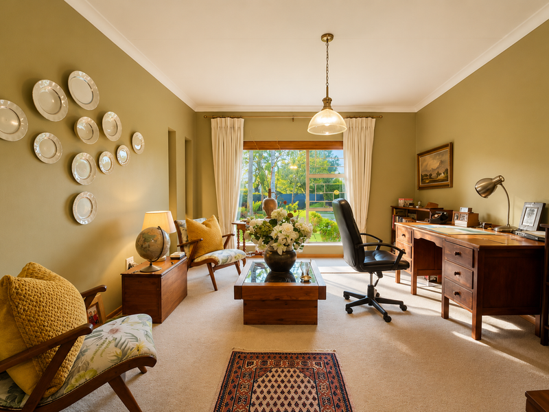 A well-maintained home office featuring neutral carpeting, cove cornicing, and a large window providing natural light and garden views.