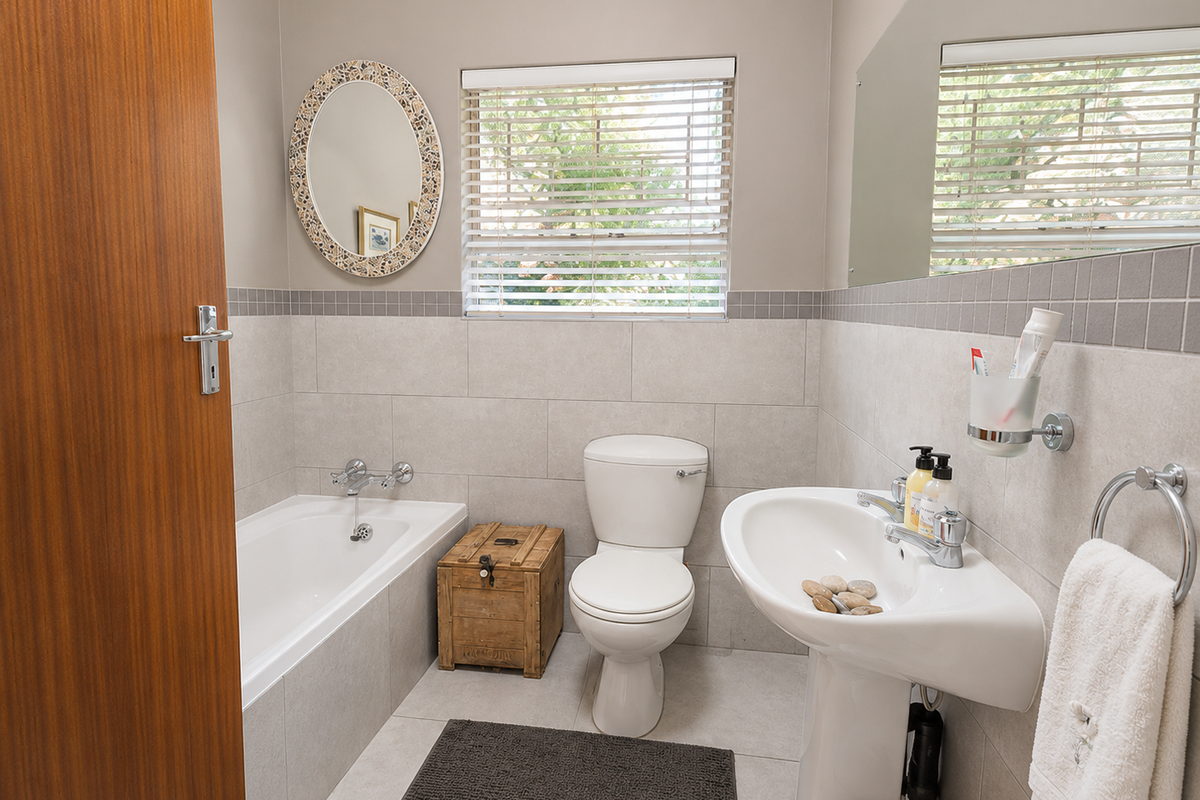 A clean and well-maintained bathroom featuring a built-in bathtub, pedestal washbasin, toilet, and neutral wall tiling with a decorative border.
