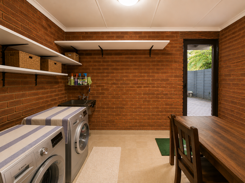 Functional laundry room featuring exposed brick walls, built-in shelving, a utility sink, and direct access to the outdoor area.