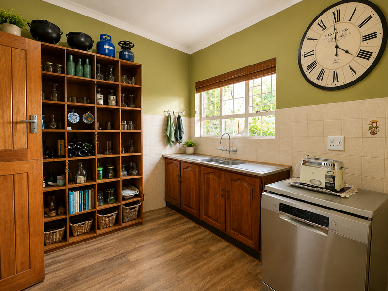 A functional scullery featuring built-in wooden cabinetry, a stainless steel double sink, tiled splashback, and extensive open shelving for storage.