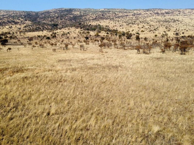 An expansive view of the open farm landscape featuring rolling hills and natural dry grassland terrain.