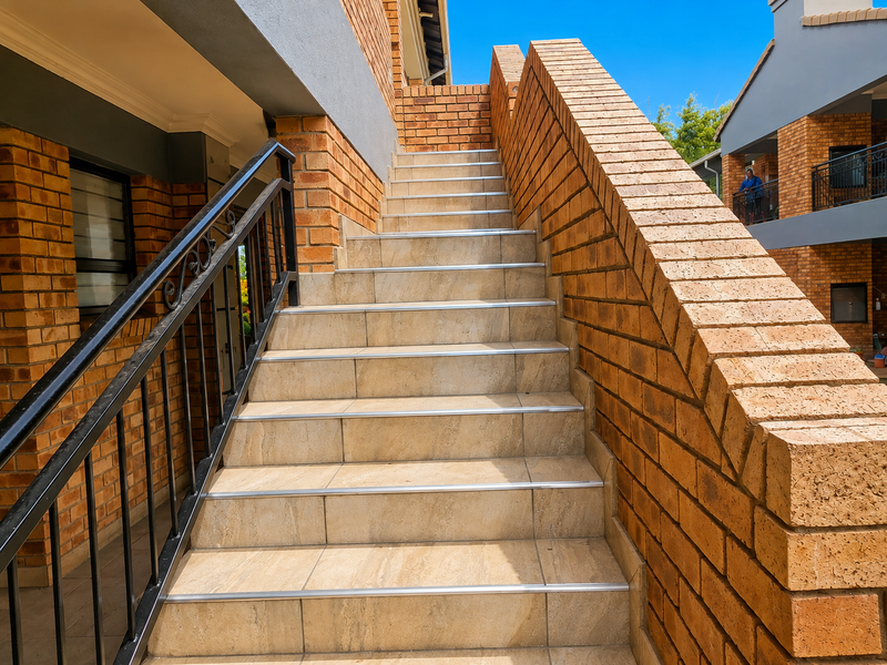An exterior staircase featuring tiled steps, metal railings, and face brick wall construction leading to an upper level apartment entrance.