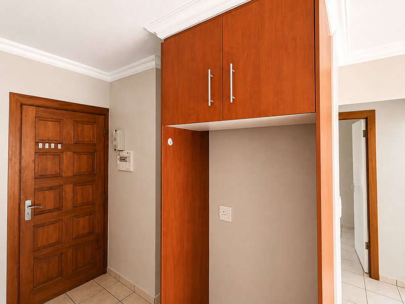 Entrance area featuring tiled flooring, a solid wood door, built-in storage cabinetry, and integrated intercom and electrical systems.