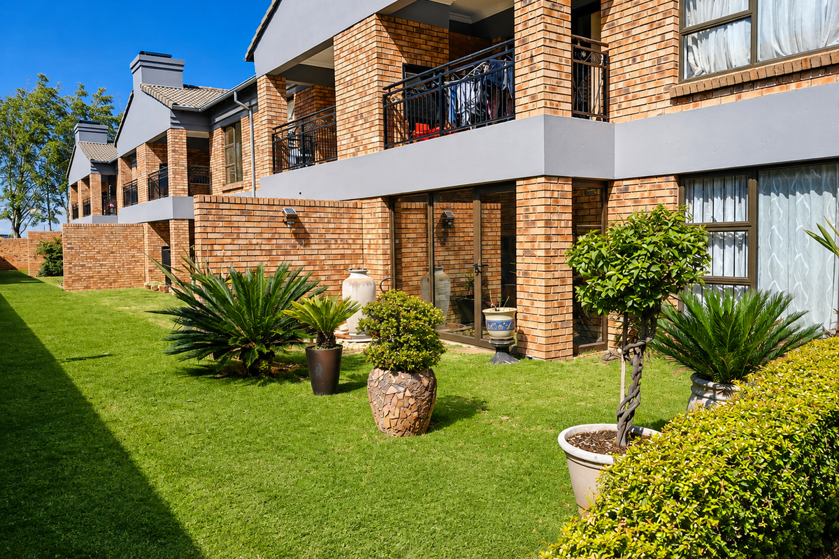 Rear view of a modern face brick apartment complex featuring private balconies, sliding glass doors, and a well-maintained communal garden area.