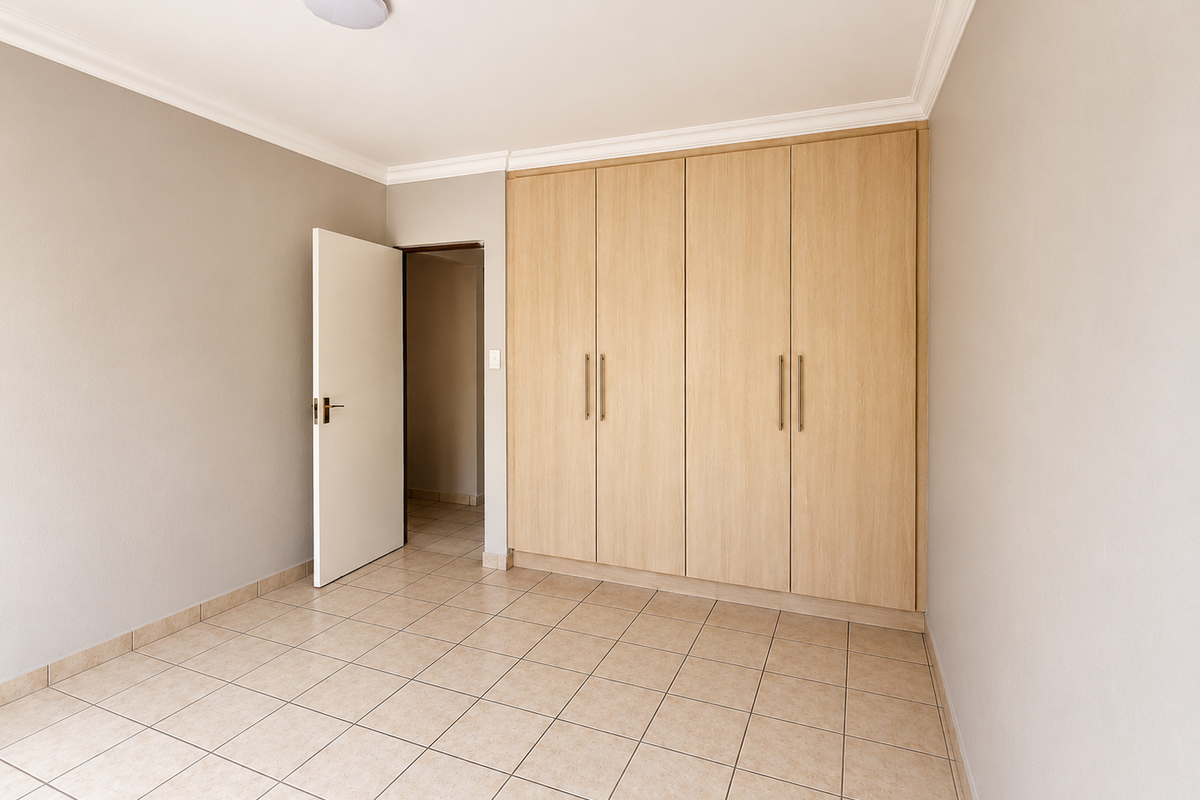 A clean, empty bedroom featuring neutral tiled flooring, light-toned built-in cupboards, and crisp white walls, offering a versatile space ready for personalization.