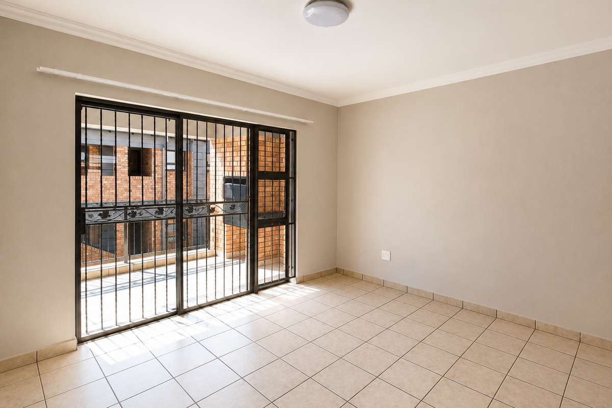 A bright, empty living room featuring neutral tiled flooring, coving, and a large sliding glass door with an integrated security gate leading to a balcony.
