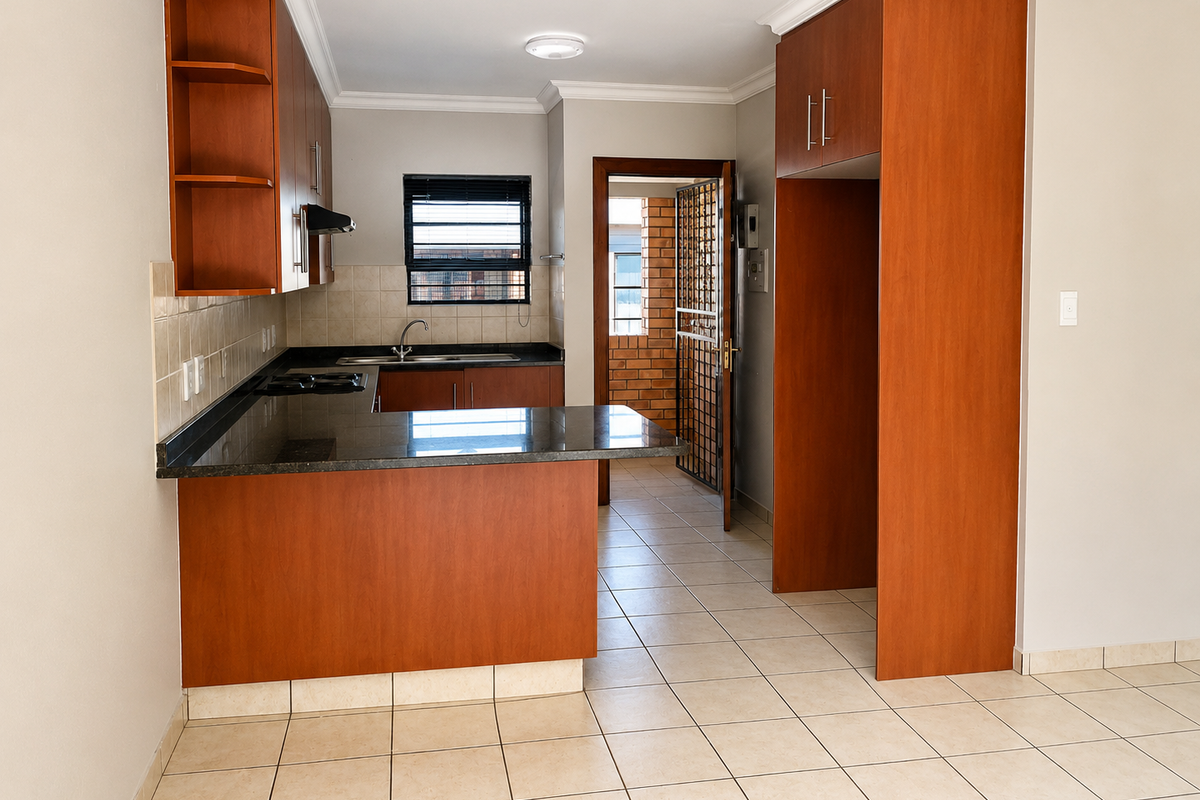 A clean, empty kitchen featuring wood-finish cabinetry, granite countertops, a built-in hob, and tiled flooring, with direct access to an exterior area.