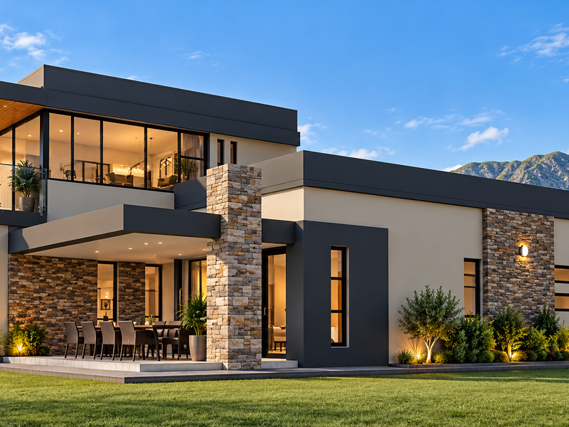 Modern architectural home featuring stone cladding, a spacious covered patio, glass balcony balustrades, and integrated exterior lighting set against a mountain backdrop.