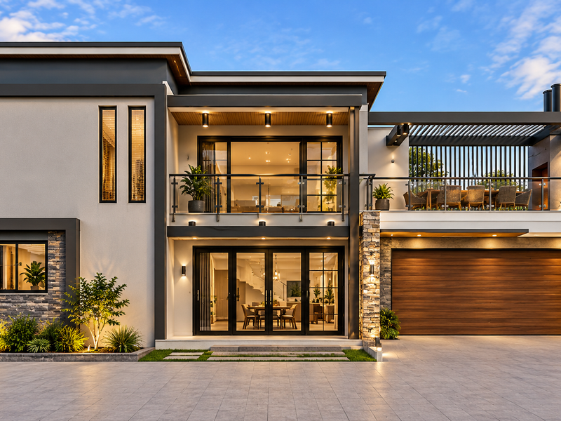 Modern two-story residence featuring stone cladding, a spacious balcony with glass balustrades, a large timber garage door, and extensive paved driveway.