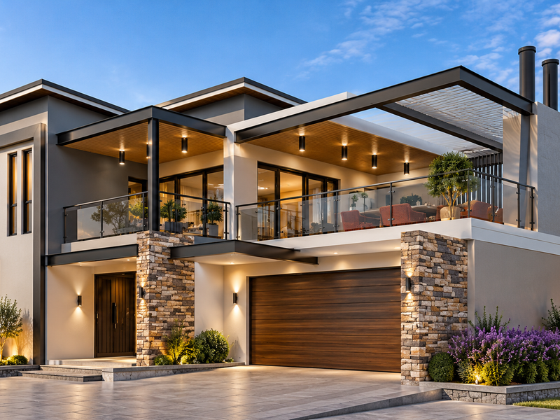 Modern double-story residence featuring stone cladding, a spacious covered balcony with glass balustrades, and a sleek double garage.