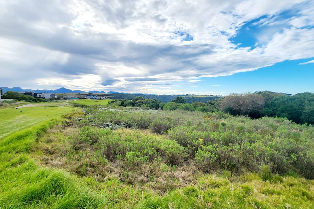 A scenic view overlooking a natural landscape and adjacent golf course fairway with distant mountain vistas.