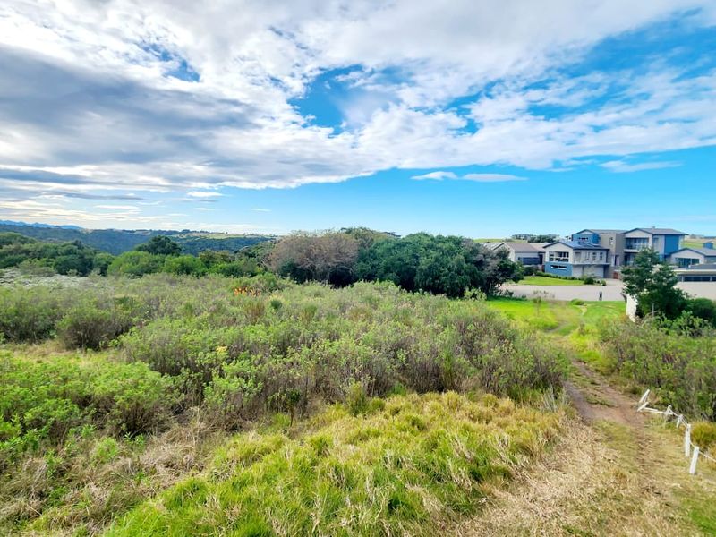A wide-angle view of a vacant residential plot featuring natural vegetation and surrounding landscape with neighboring properties in the distance.