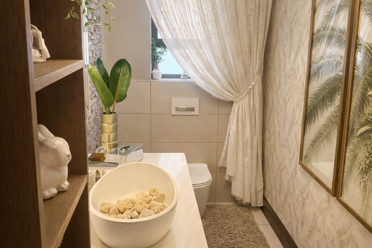 A well-appointed bathroom featuring a modern vessel sink, wall-mounted toilet, stone-cladding accent wall, and elegant chandelier lighting.