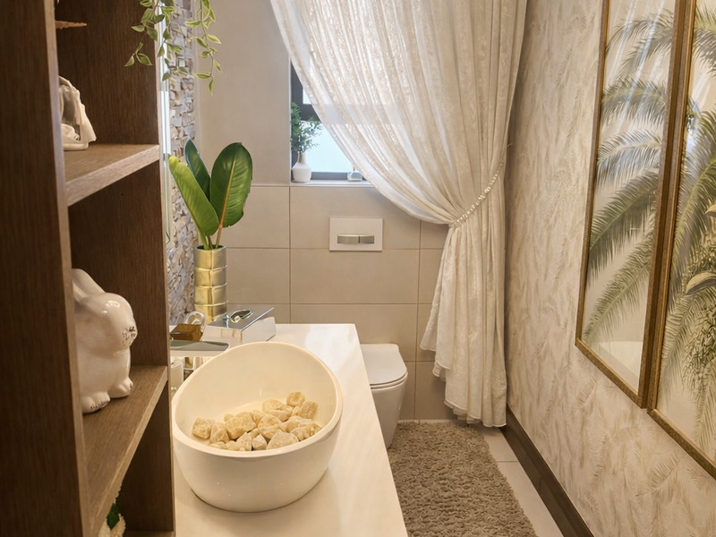A well-appointed bathroom featuring a modern vessel sink, wall-mounted toilet, stone-cladding accent wall, and elegant chandelier lighting.