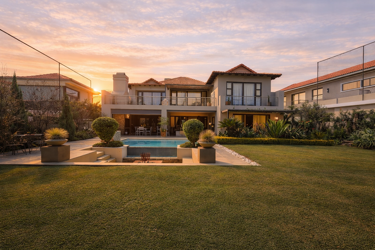 A beautifully maintained rear exterior view featuring a swimming pool, landscaped garden, spacious patio, and an upper-level balcony at sunset.