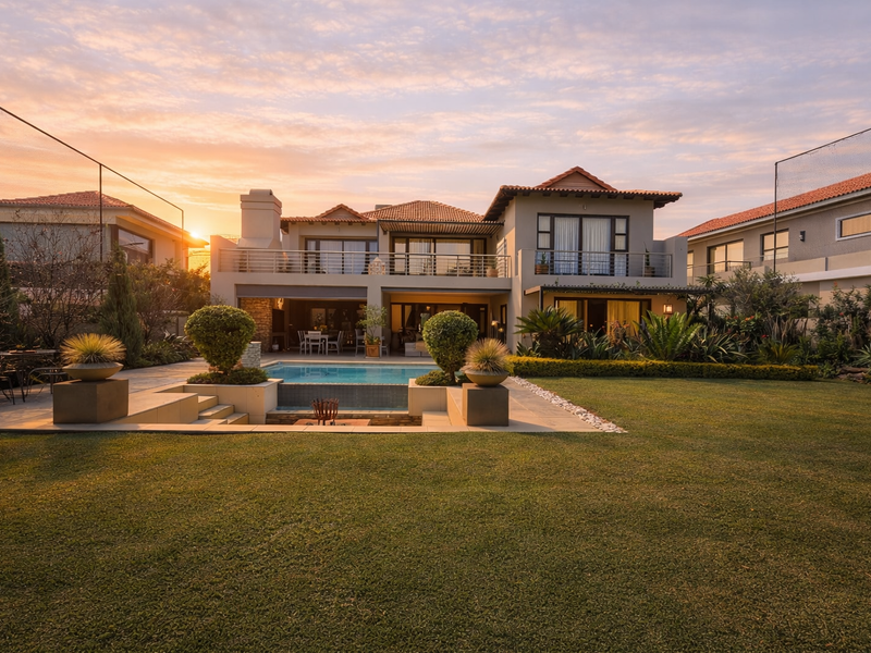 A beautifully maintained rear exterior view featuring a swimming pool, landscaped garden, spacious patio, and an upper-level balcony at sunset.