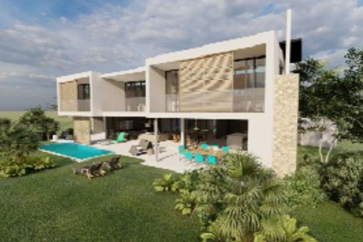 A modern two-story residential property featuring a rear patio, swimming pool, stone accents, and expansive glass sliding doors overlooking a landscaped garden.