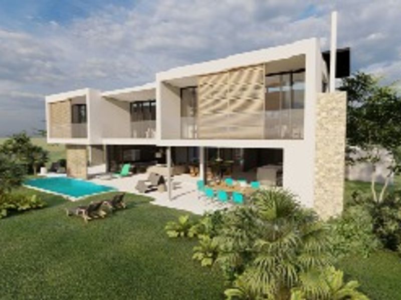 A modern two-story residential property featuring a rear patio, swimming pool, stone accents, and expansive glass sliding doors overlooking a landscaped garden.