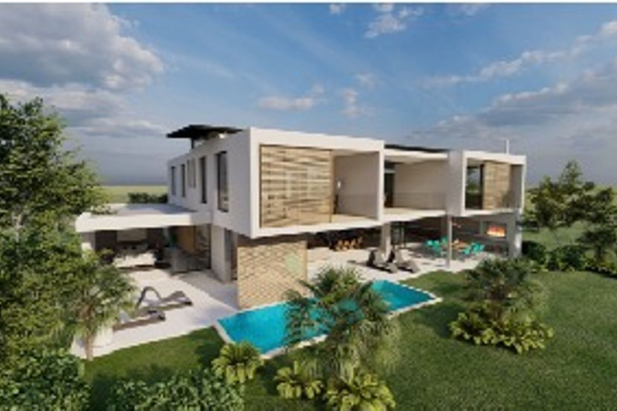 Modern architectural rear elevation featuring a swimming pool, covered patio, upper-level balconies, and timber louvre screens in a landscaped garden setting.