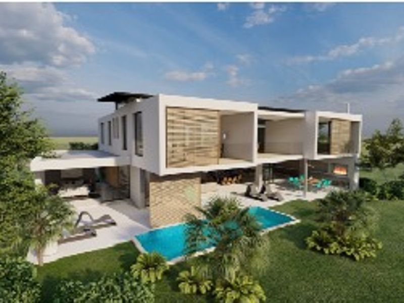 Modern architectural rear elevation featuring a swimming pool, covered patio, upper-level balconies, and timber louvre screens in a landscaped garden setting.