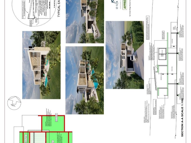 Architectural floor plan and elevation design document for a residential property, including roof layout, section details, and typical eaves construction specifications.