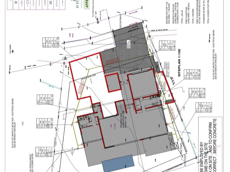 Architectural site plan and floor layout diagram for the property, detailing building lines, site coverage, and structural dimensions.