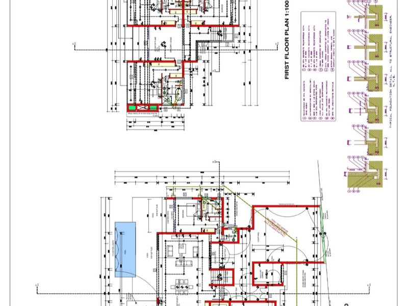 Architectural floor plan showing the ground and first floor layout of the property, including structural details and electrical legends.