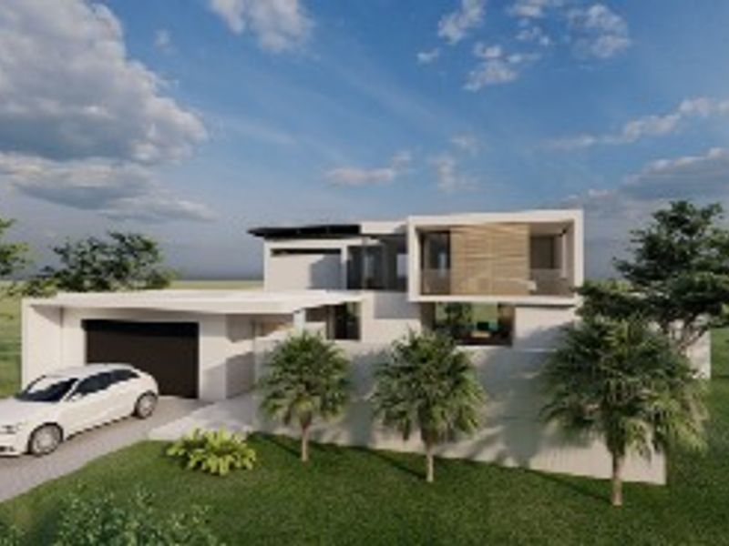 A modern architectural rendering of a contemporary two-story house featuring a garage, balcony, and clean geometric lines.