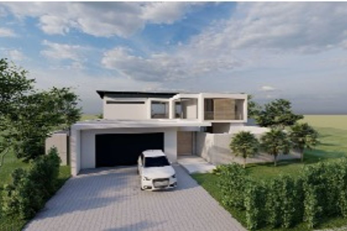 A modern two-story residential property featuring a paved driveway, double garage, and clean architectural lines set within a landscaped garden.